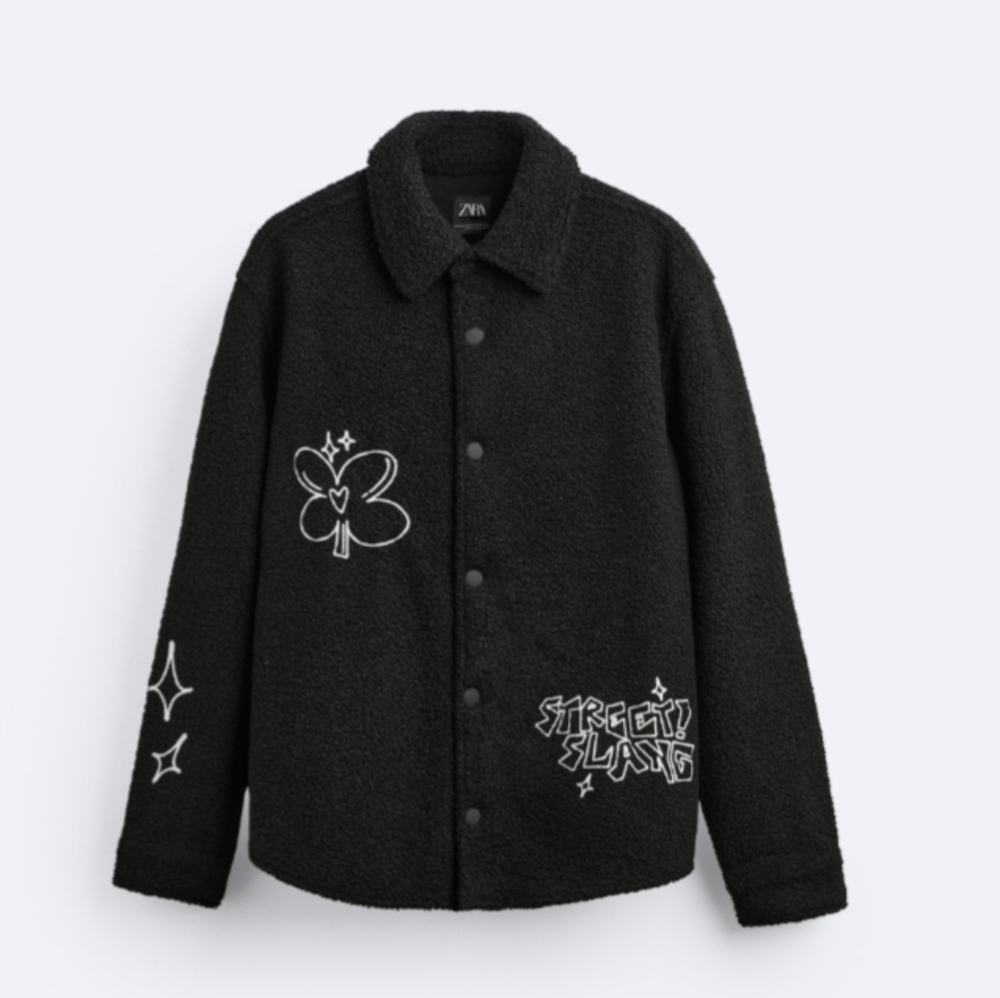 ZARA* (unisex) embroidered faux shearling long sleeved collared small front coat